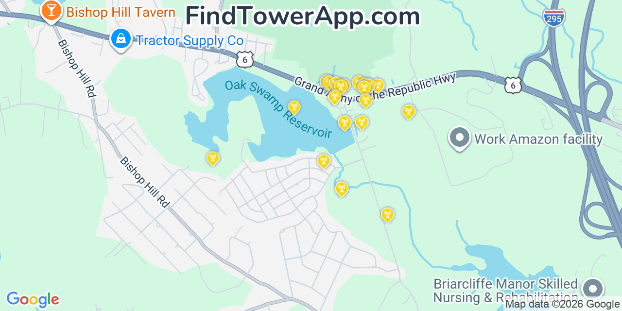 Map showing the 20 primary cell tower locations detected in Johnston, Rhode Island from AT&T, Verizon, and T-Mobile networks