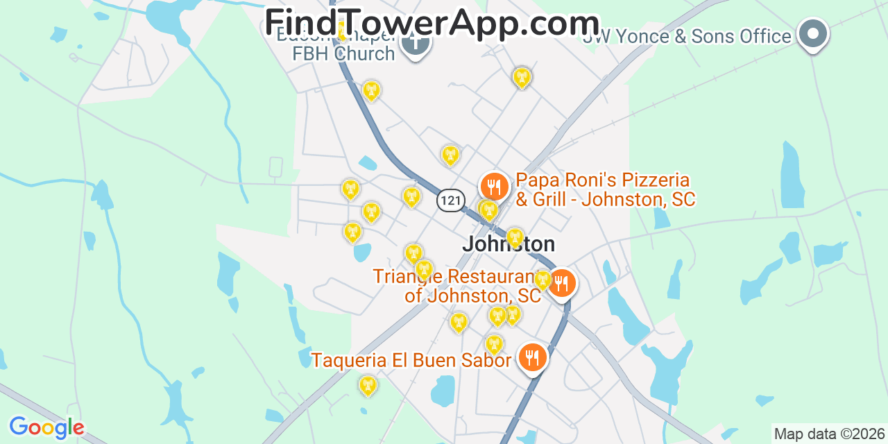Map showing the 20 primary cell tower locations detected in Johnston, South Carolina from AT&T, Verizon, and T-Mobile networks