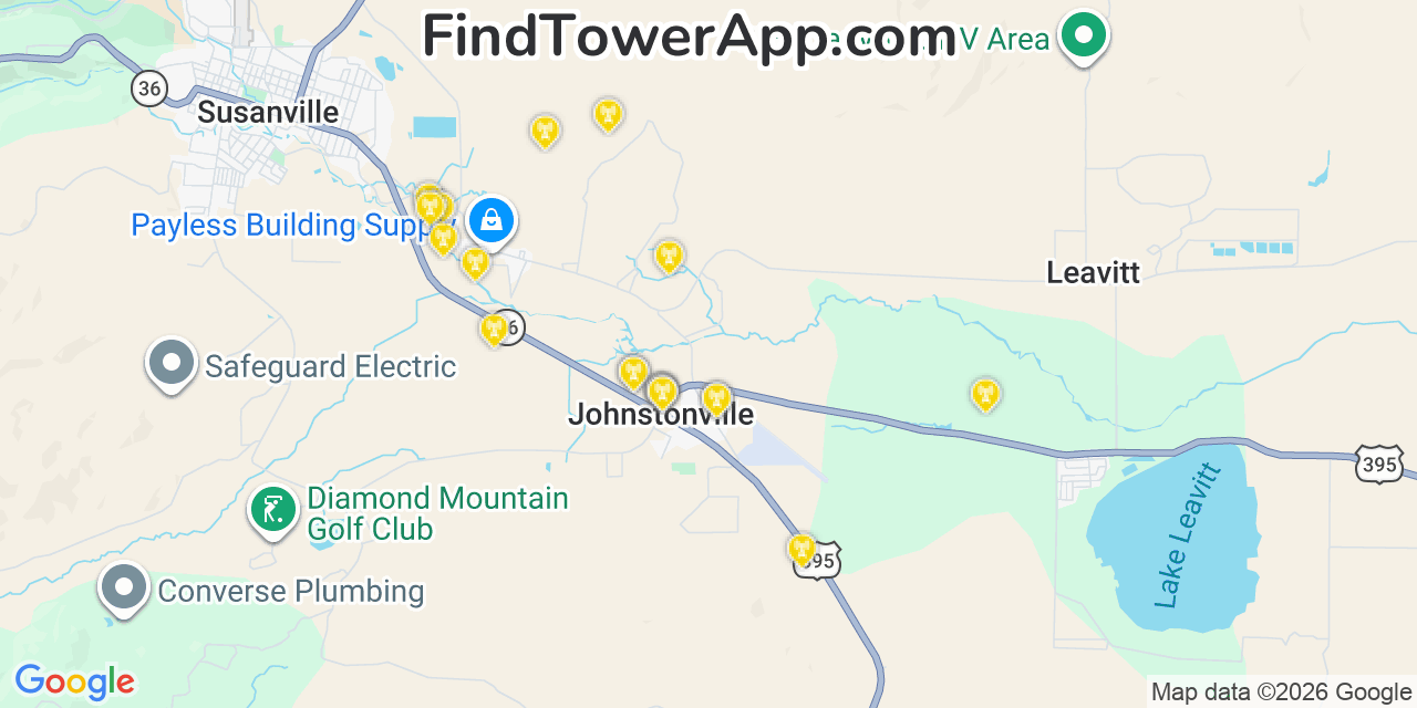Map showing the 20 primary cell tower locations detected in Johnstonville, California from AT&T, Verizon, and T-Mobile networks