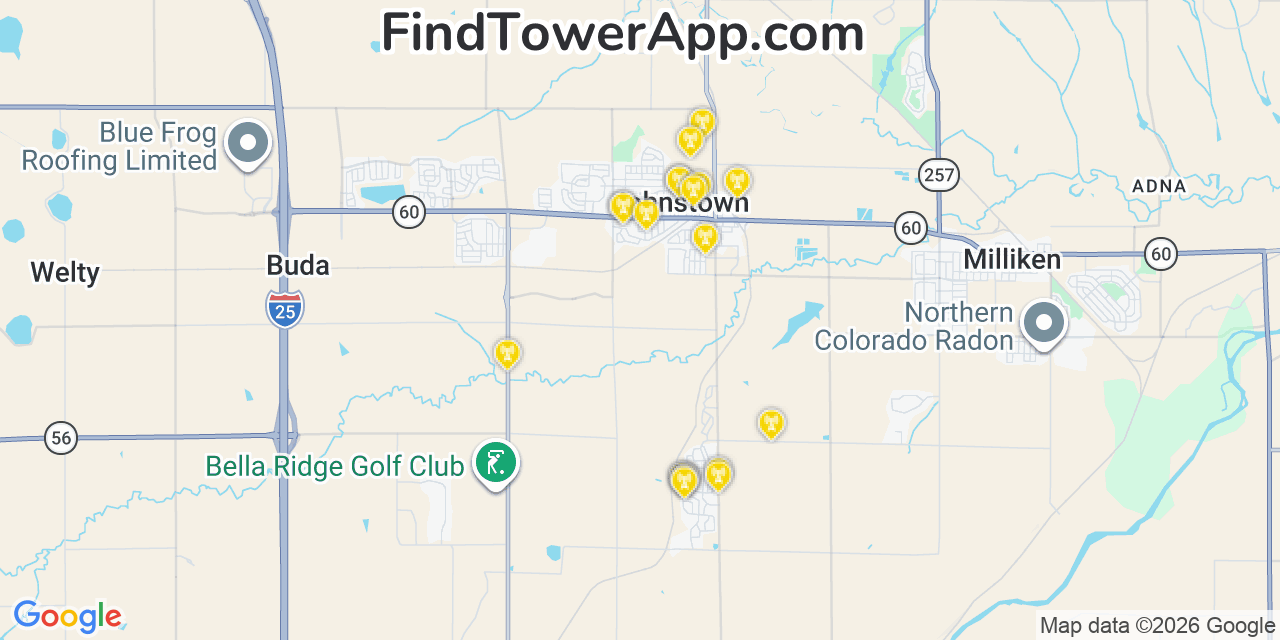 Map showing the 20 primary cell tower locations detected in Johnstown, Colorado from AT&T, Verizon, and T-Mobile networks