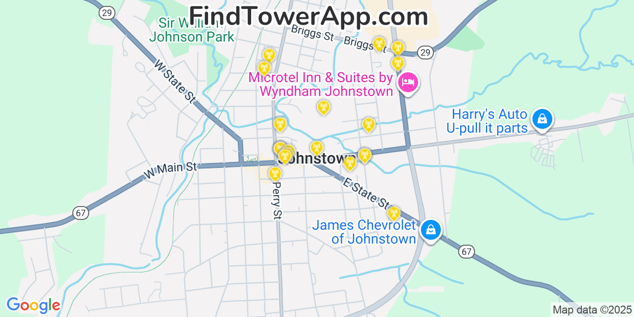Map showing the 20 primary cell tower locations detected in Johnstown, New York from AT&T, Verizon, and T-Mobile networks