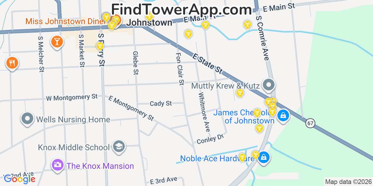 Map showing the 20 primary cell tower locations detected in Johnstown, New York from AT&T, Verizon, and T-Mobile networks