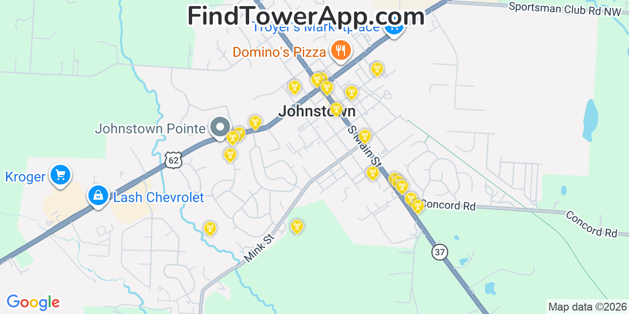 Map showing the 20 primary cell tower locations detected in Johnstown, Ohio from AT&T, Verizon, and T-Mobile networks