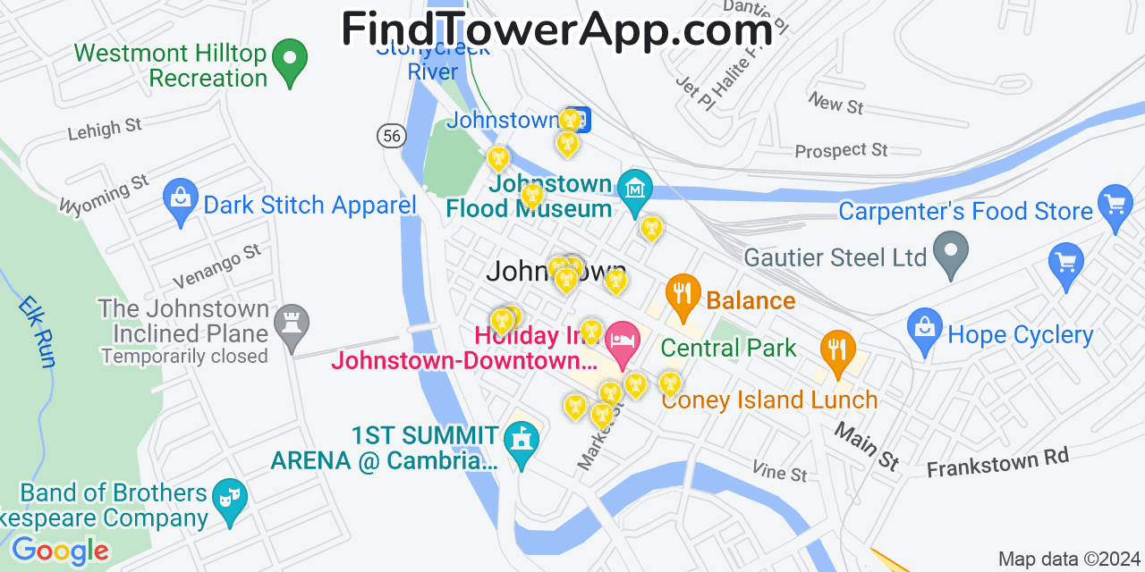 AT&T 4G/5G cell tower coverage map Johnstown, Pennsylvania