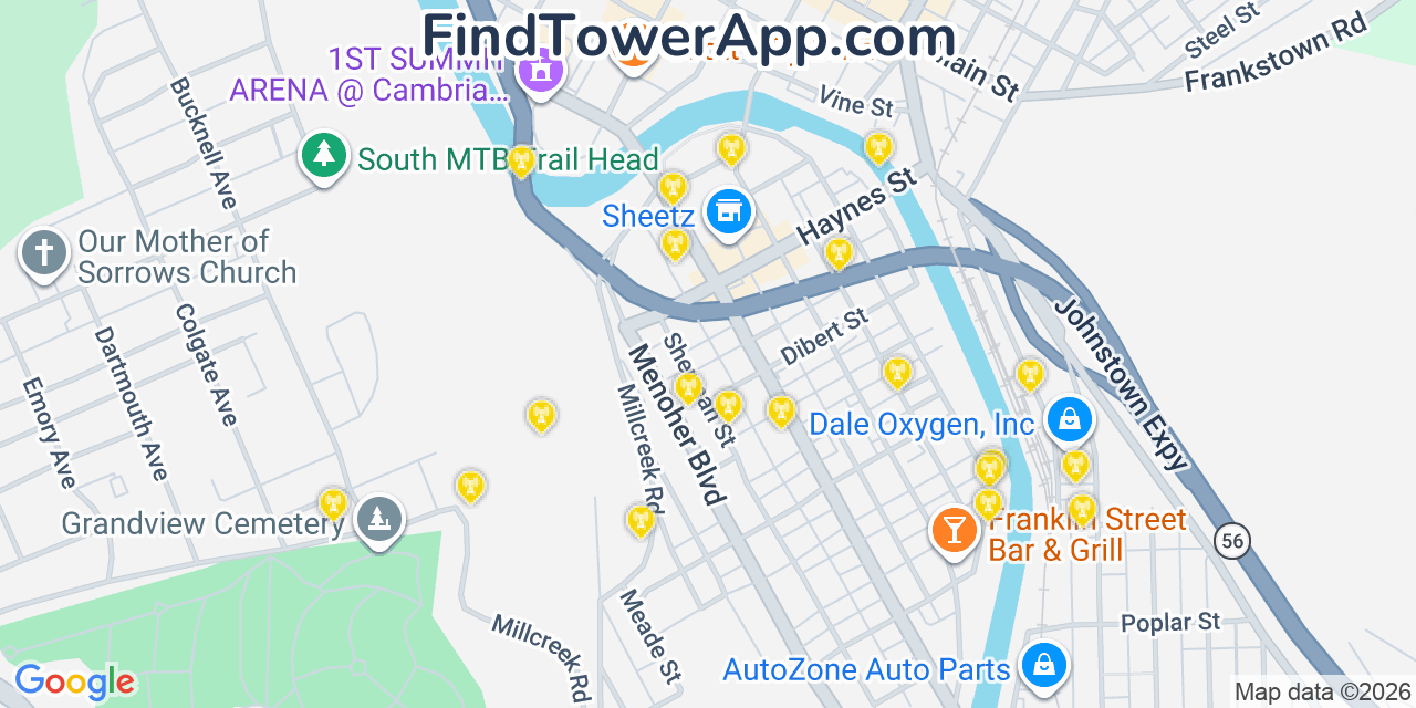 Map showing the 20 primary cell tower locations detected in Johnstown, Pennsylvania from AT&T, Verizon, and T-Mobile networks