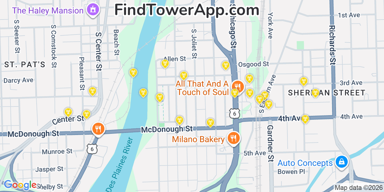 Map showing the 20 primary cell tower locations detected in Joliet, Illinois from AT&T, Verizon, and T-Mobile networks