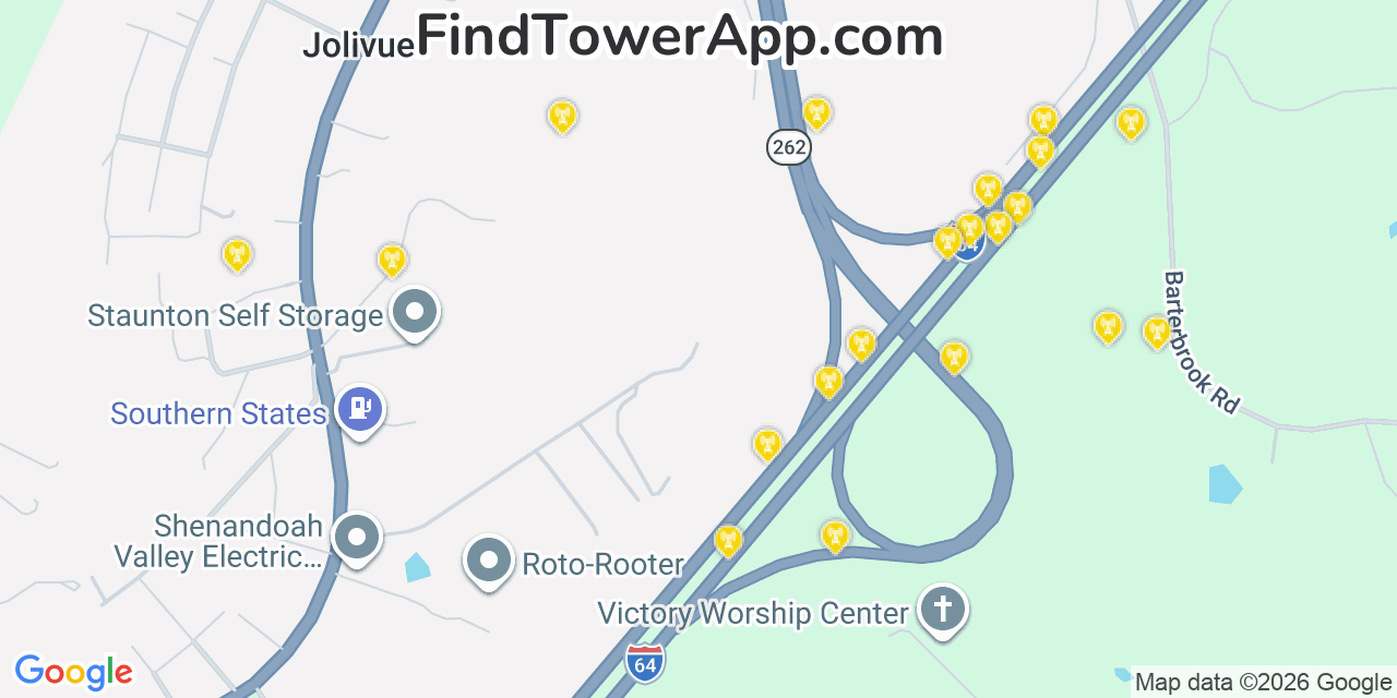 Map showing the 20 primary cell tower locations detected in Jolivue, Virginia from AT&T, Verizon, and T-Mobile networks