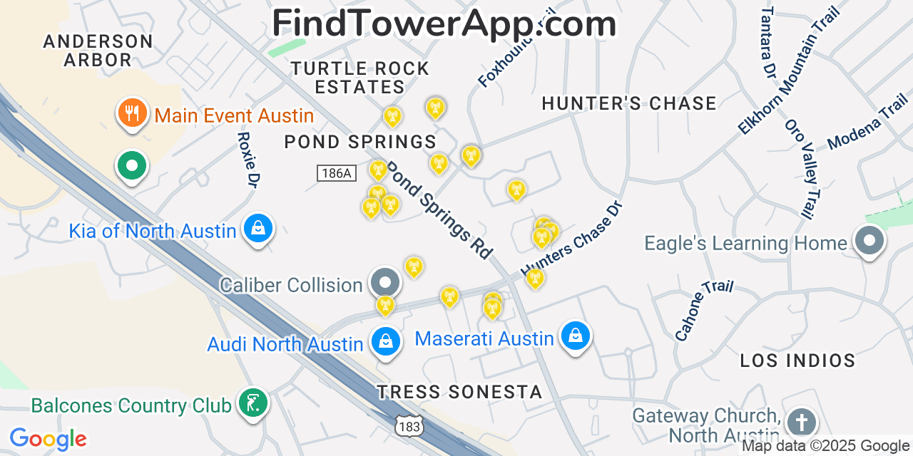 Map showing the 20 primary cell tower locations detected in Jollyville, Texas from AT&T, Verizon, and T-Mobile networks