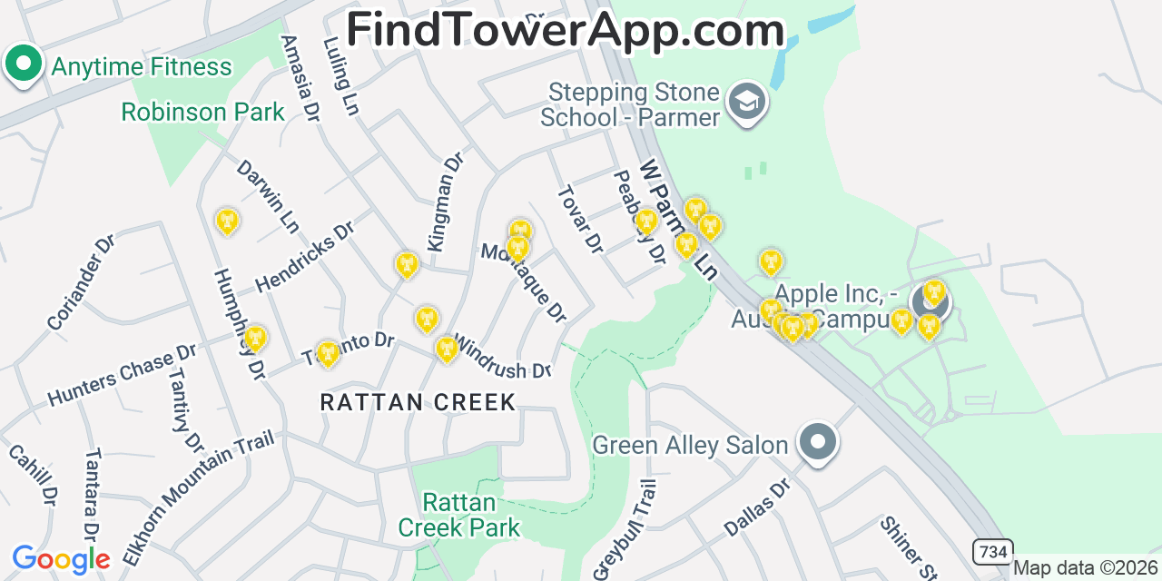 Map showing the 20 primary cell tower locations detected in Jollyville, Texas from AT&T, Verizon, and T-Mobile networks