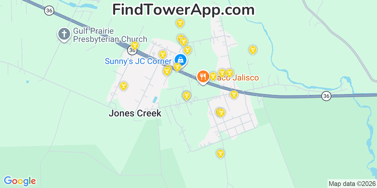 Map showing the 20 primary cell tower locations detected in Jones Creek, Texas from AT&T, Verizon, and T-Mobile networks