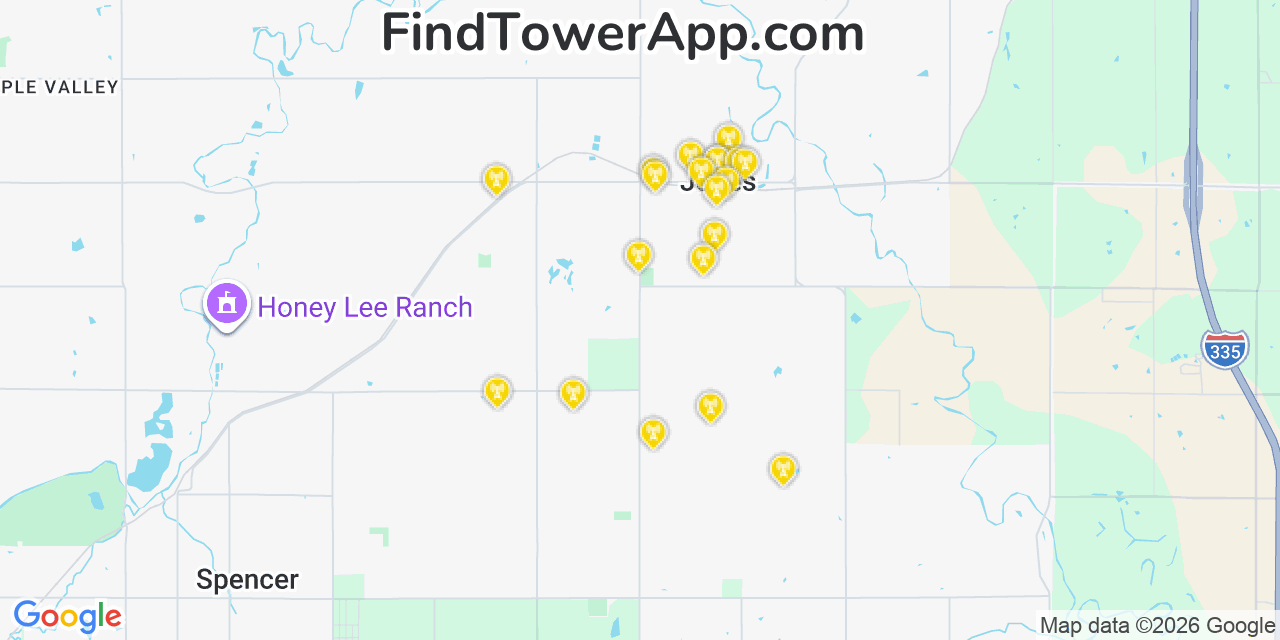 Map showing the 20 primary cell tower locations detected in Jones, Oklahoma from AT&T, Verizon, and T-Mobile networks