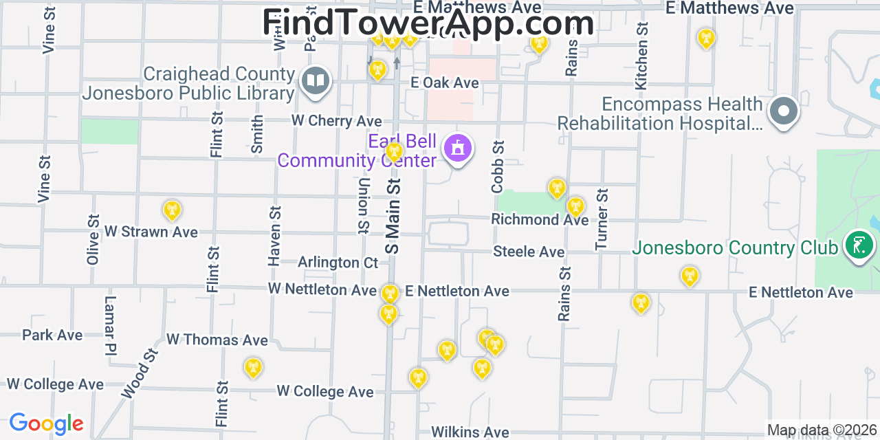 Map showing the 20 primary cell tower locations detected in Jonesboro, Arkansas from AT&T, Verizon, and T-Mobile networks