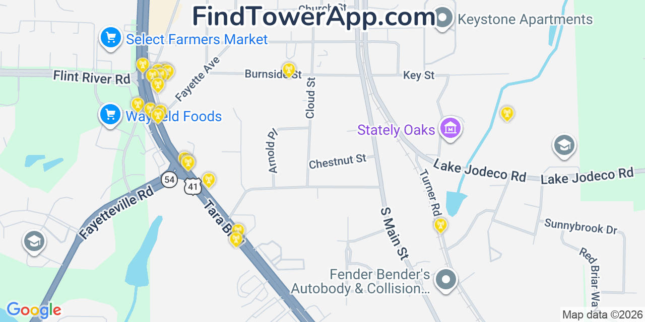 Map showing the 20 primary cell tower locations detected in Jonesboro, Georgia from AT&T, Verizon, and T-Mobile networks