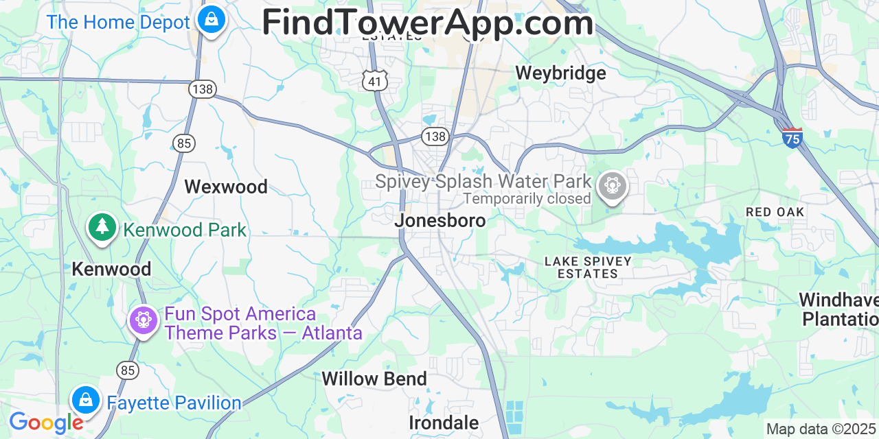 Map showing the 20 primary Mobitel cell tower locations detected in Jonesboro, Georgia with coverage radius and signal strength indicators