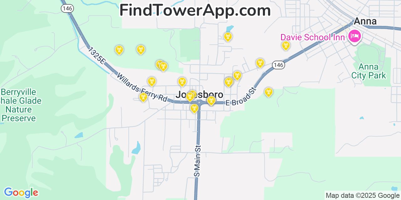 Map showing the 20 primary cell tower locations detected in Jonesboro, Illinois from AT&T, Verizon, and T-Mobile networks
