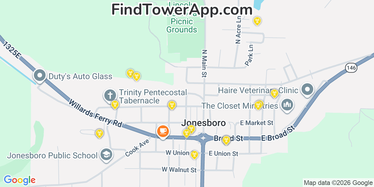 Map showing the 20 primary cell tower locations detected in Jonesboro, Illinois from AT&T, Verizon, and T-Mobile networks