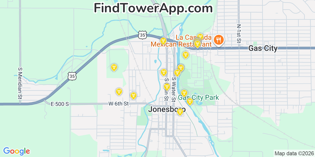 Map showing the 20 primary cell tower locations detected in Jonesboro, Indiana from AT&T, Verizon, and T-Mobile networks