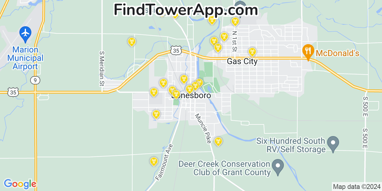 Verizon 4G/5G cell tower coverage map Jonesboro, Indiana