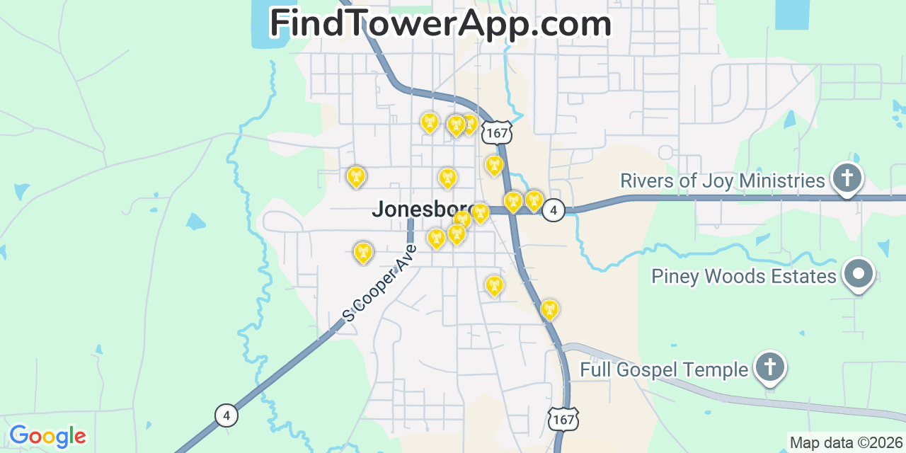 Map showing the 20 primary cell tower locations detected in Jonesboro, Louisiana from AT&T, Verizon, and T-Mobile networks