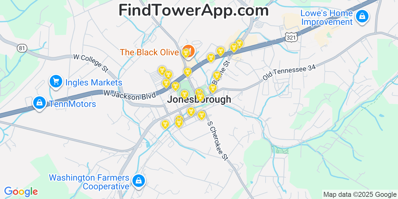 Map showing the 20 primary cell tower locations detected in Jonesborough, Tennessee from AT&T, Verizon, and T-Mobile networks
