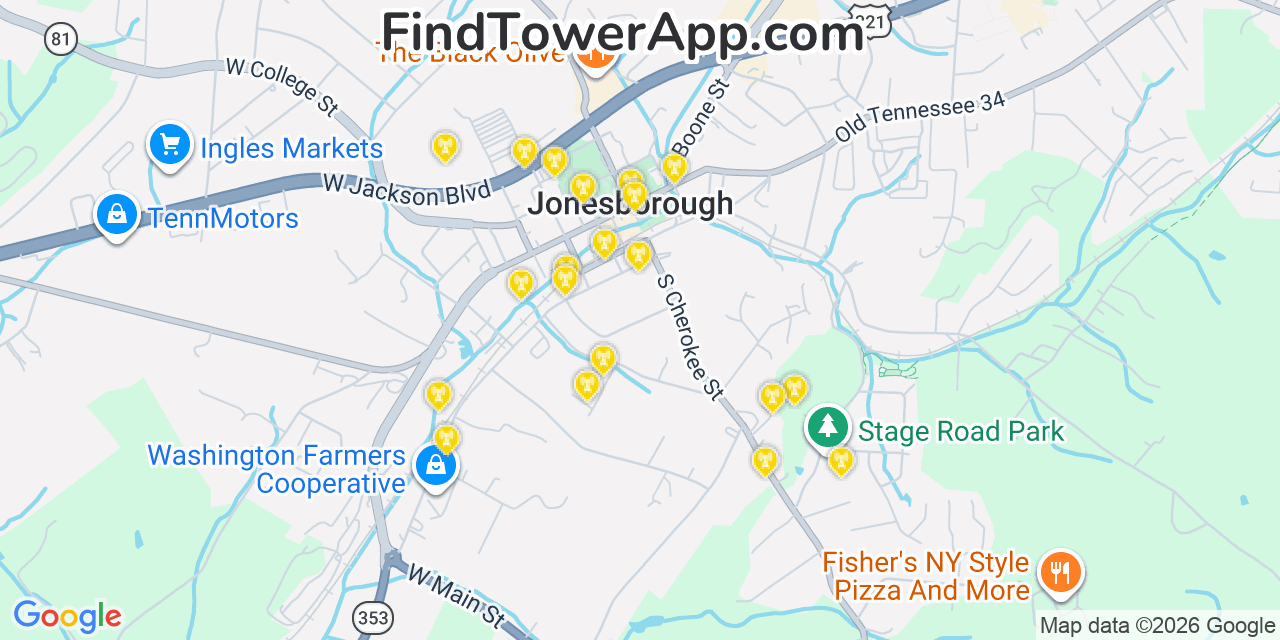 Map showing the 20 primary cell tower locations detected in Jonesborough, Tennessee from AT&T, Verizon, and T-Mobile networks