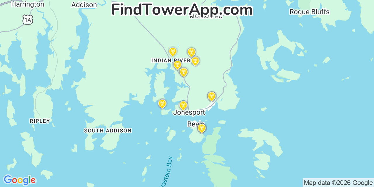 Map showing the 20 primary cell tower locations detected in Jonesport, Maine from AT&T, Verizon, and T-Mobile networks