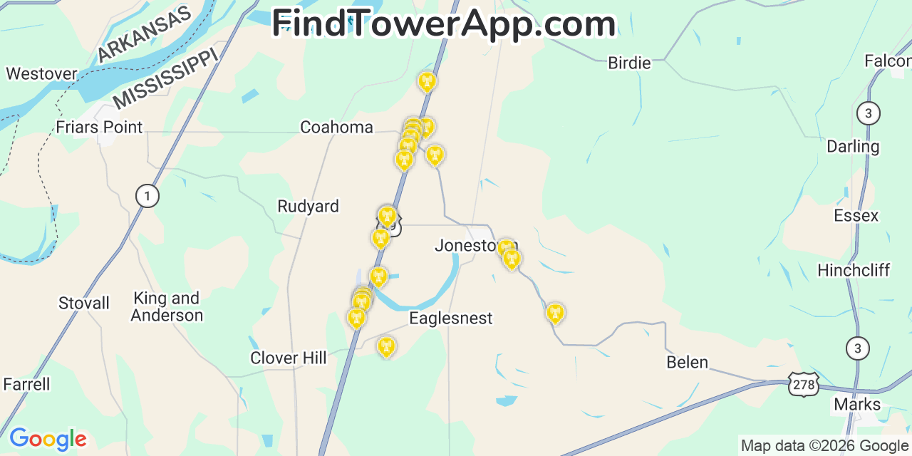 Map showing the 20 primary cell tower locations detected in Jonestown, Mississippi from AT&T, Verizon, and T-Mobile networks