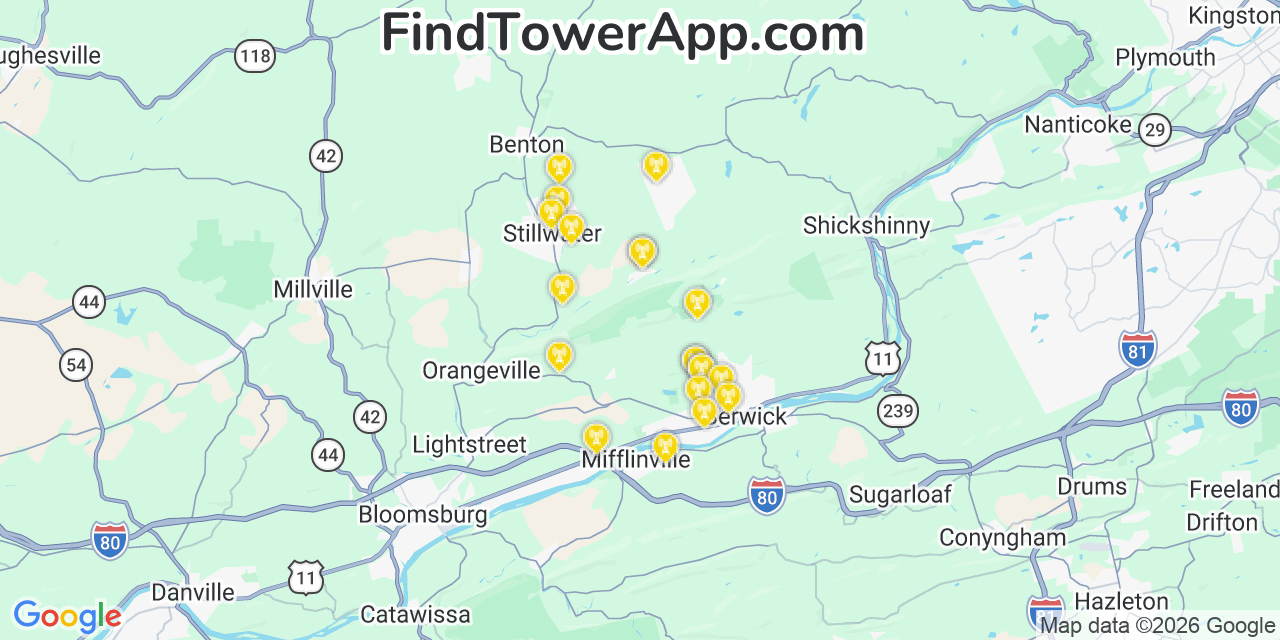 Map showing the 20 primary cell tower locations detected in Jonestown, Pennsylvania from AT&T, Verizon, and T-Mobile networks