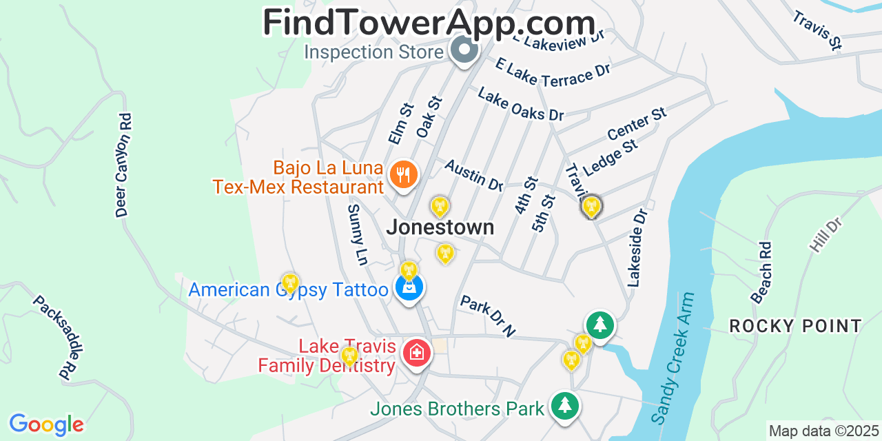 Map showing the 20 primary cell tower locations detected in Jonestown, Texas from AT&T, Verizon, and T-Mobile networks