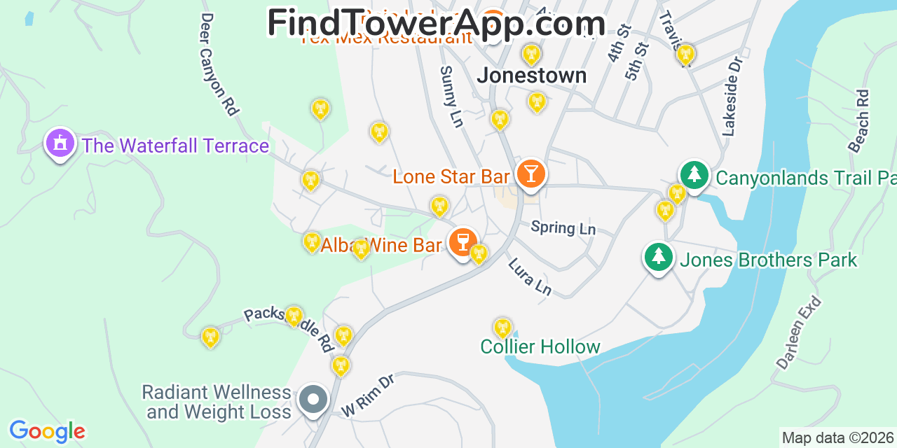 Map showing the 20 primary cell tower locations detected in Jonestown, Texas from AT&T, Verizon, and T-Mobile networks