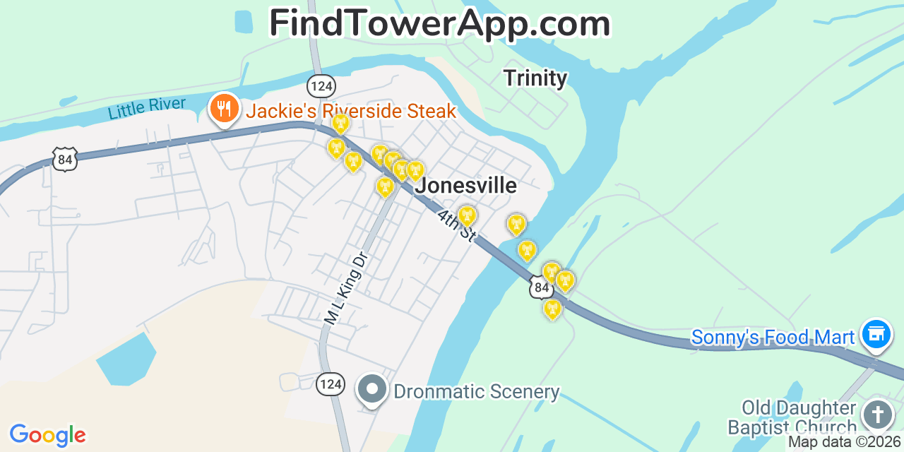 Map showing the 20 primary cell tower locations detected in Jonesville, Louisiana from AT&T, Verizon, and T-Mobile networks