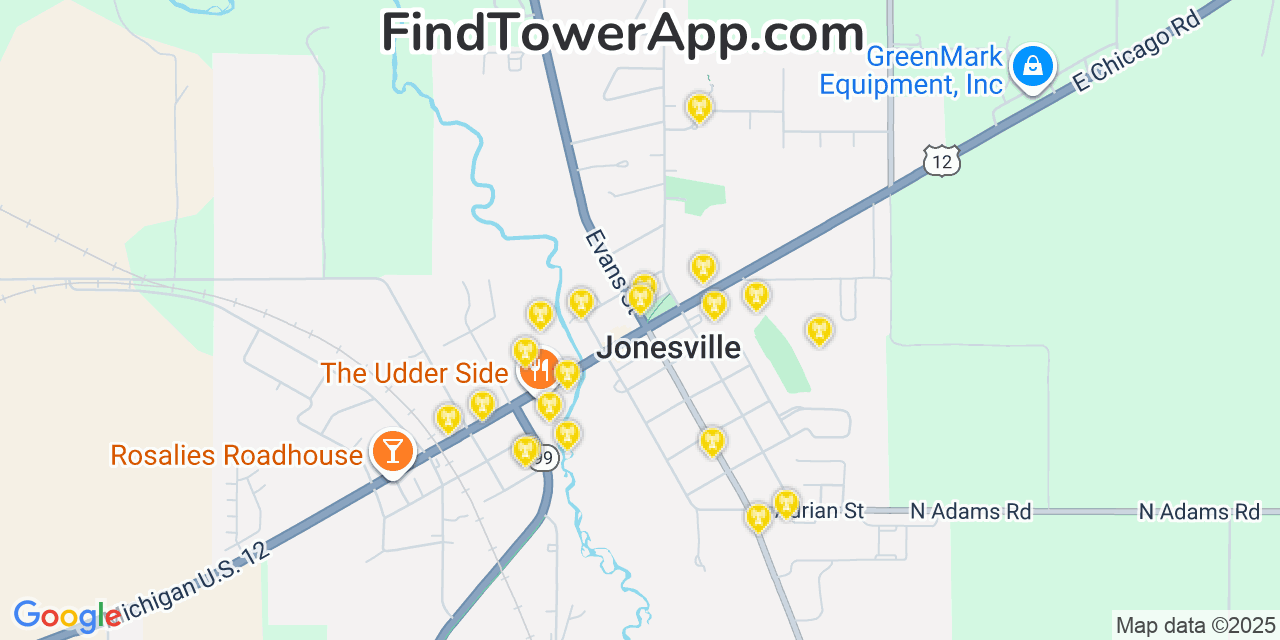 Map showing the 20 primary cell tower locations detected in Jonesville, Michigan from AT&T, Verizon, and T-Mobile networks