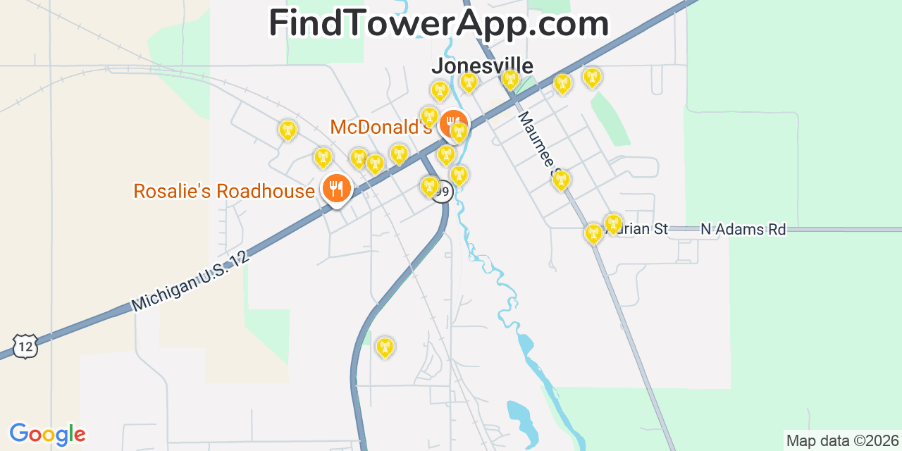 Map showing the 20 primary cell tower locations detected in Jonesville, Michigan from AT&T, Verizon, and T-Mobile networks