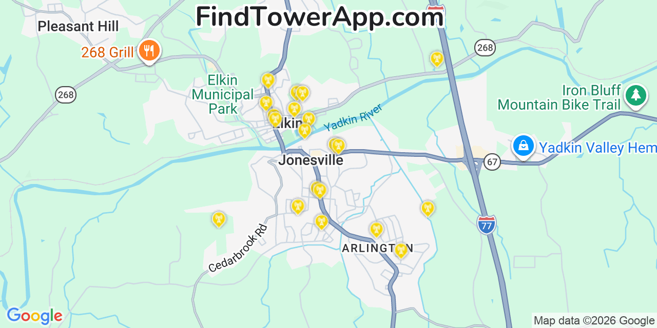 Map showing the 20 primary cell tower locations detected in Jonesville, North Carolina from AT&T, Verizon, and T-Mobile networks