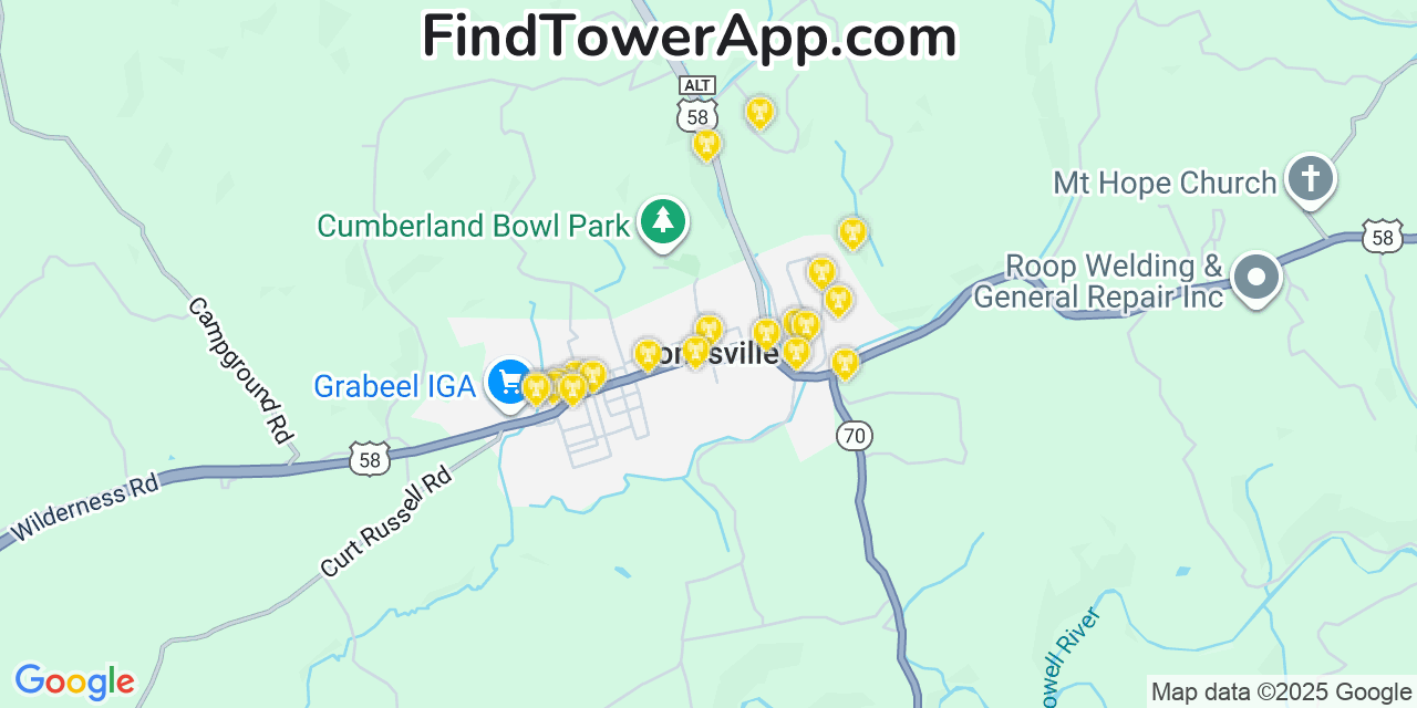 Map showing the 20 primary cell tower locations detected in Jonesville, Virginia from AT&T, Verizon, and T-Mobile networks