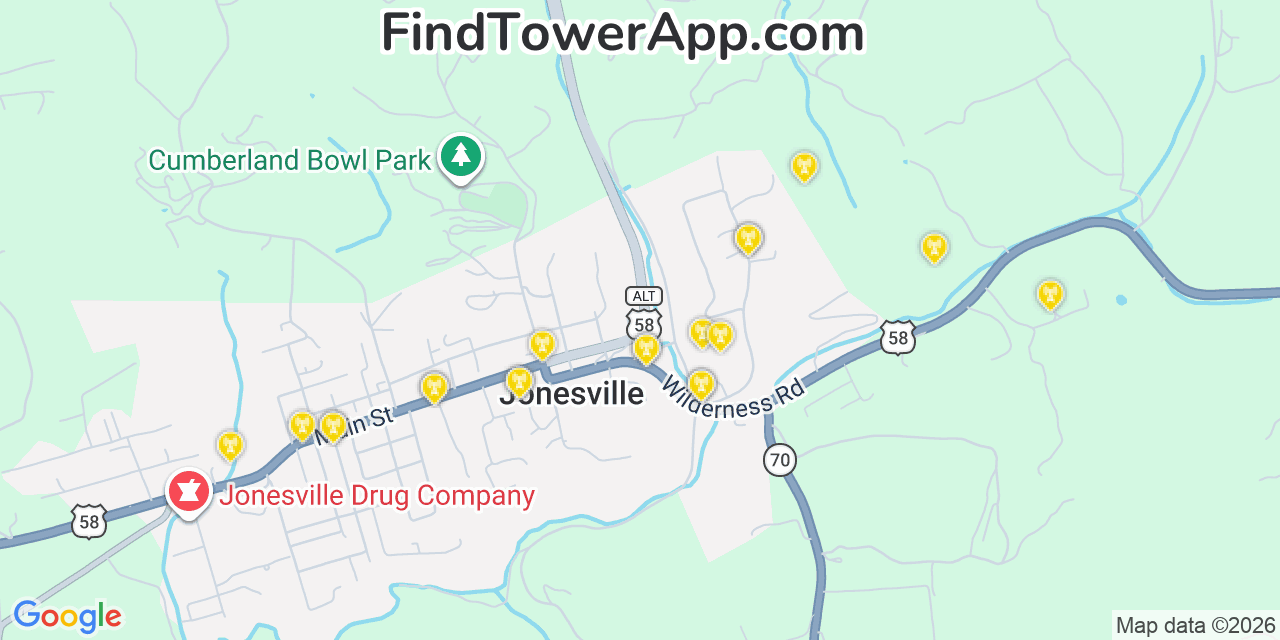 Map showing the 20 primary cell tower locations detected in Jonesville, Virginia from AT&T, Verizon, and T-Mobile networks