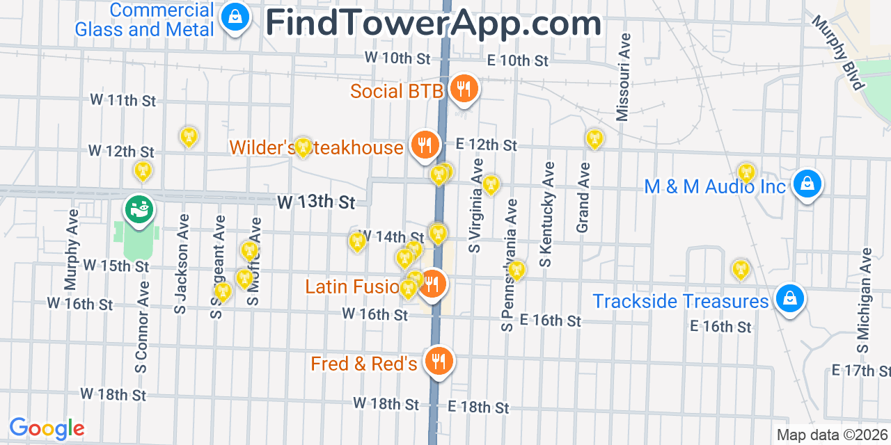 Map showing the 20 primary cell tower locations detected in Joplin, Missouri from AT&T, Verizon, and T-Mobile networks
