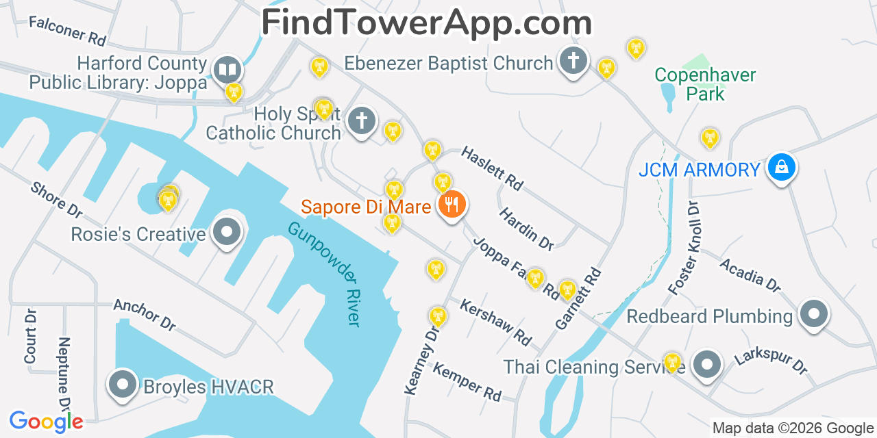 Map showing the 20 primary cell tower locations detected in Joppatowne, Maryland from AT&T, Verizon, and T-Mobile networks