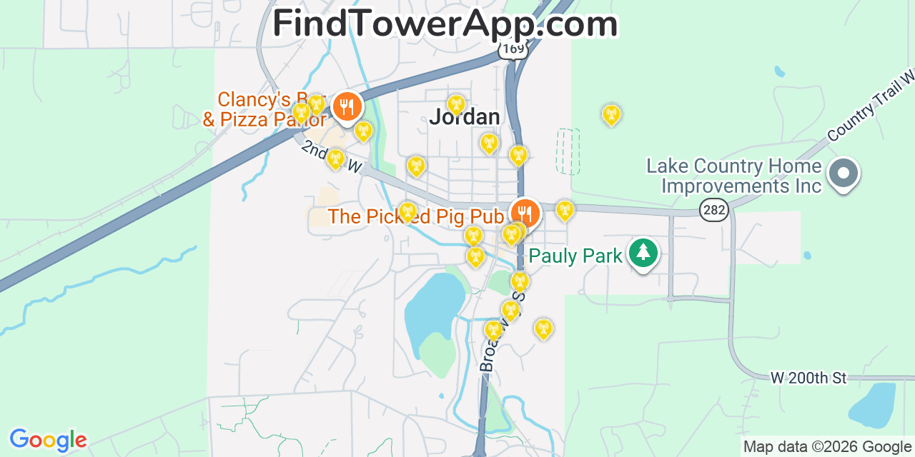 Map showing the 20 primary cell tower locations detected in Jordan, Minnesota from AT&T, Verizon, and T-Mobile networks