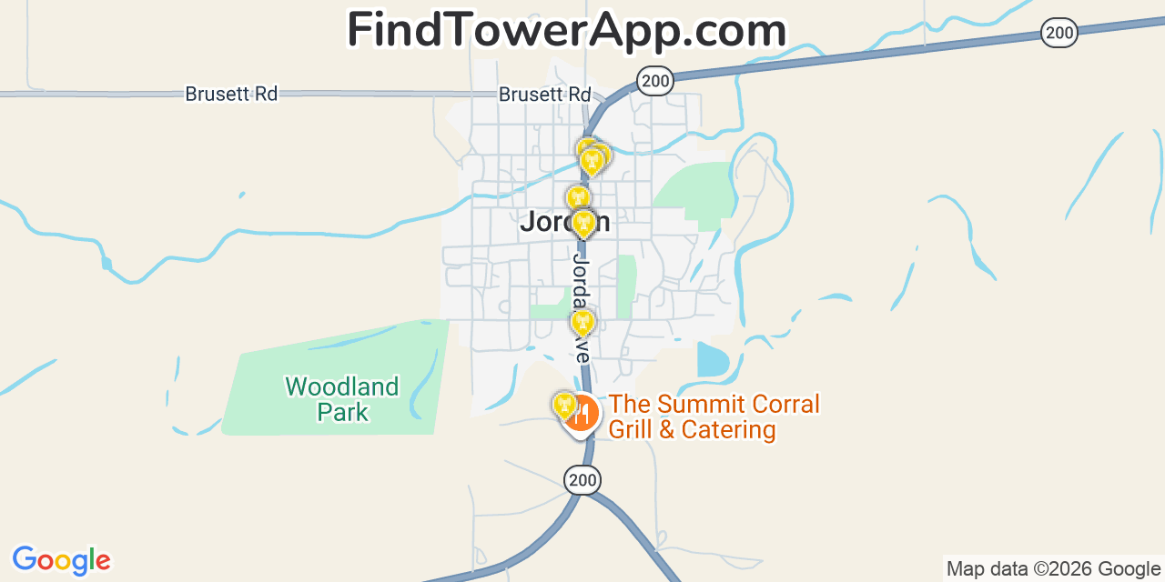 Map showing the 20 primary cell tower locations detected in Jordan, Montana from AT&T, Verizon, and T-Mobile networks