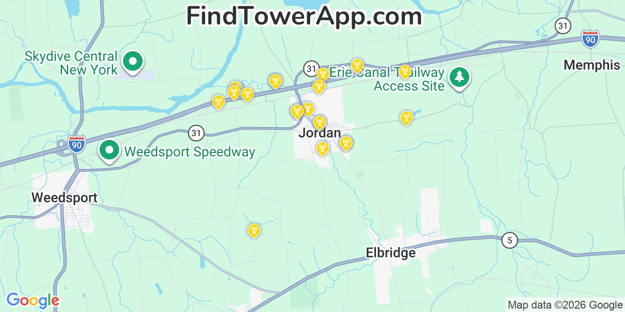 Map showing the 20 primary cell tower locations detected in Jordan, New York from AT&T, Verizon, and T-Mobile networks