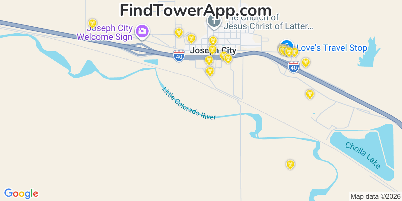 Map showing the 20 primary cell tower locations detected in Joseph City, Arizona from AT&T, Verizon, and T-Mobile networks