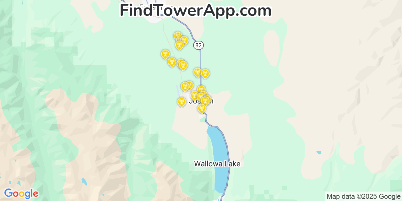 Map showing the 20 primary cell tower locations detected in Joseph, Oregon from AT&T, Verizon, and T-Mobile networks