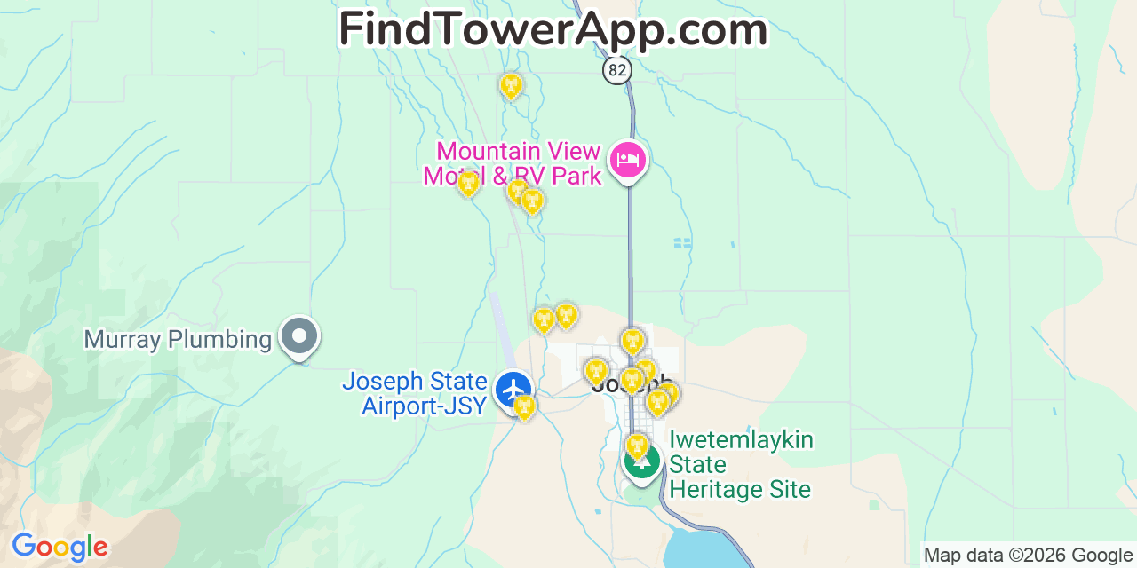 Map showing the 20 primary cell tower locations detected in Joseph, Oregon from AT&T, Verizon, and T-Mobile networks