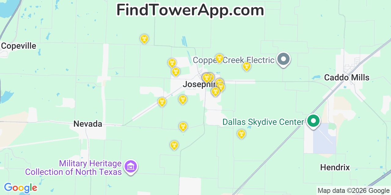 Map showing the 20 primary cell tower locations detected in Josephine, Texas from AT&T, Verizon, and T-Mobile networks
