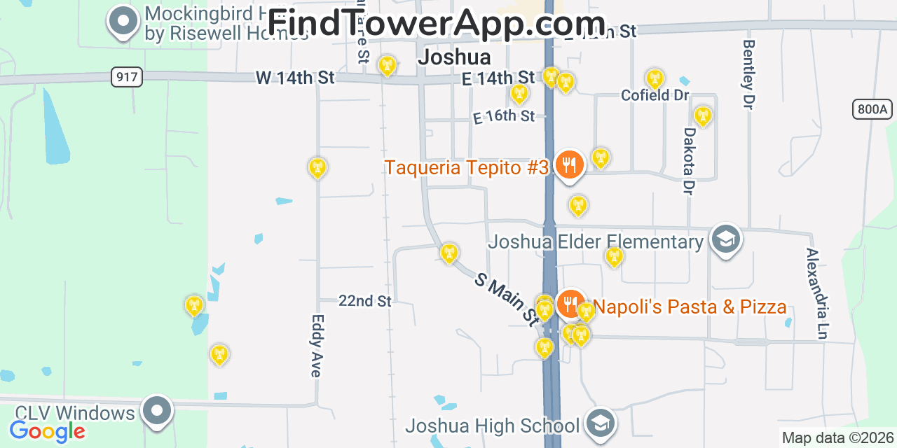 Map showing the 20 primary cell tower locations detected in Joshua, Texas from AT&T, Verizon, and T-Mobile networks