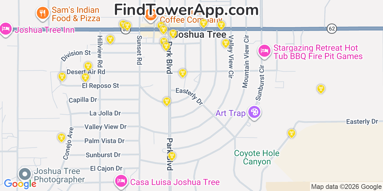 Map showing the 20 primary cell tower locations detected in Joshua Tree, California from AT&T, Verizon, and T-Mobile networks