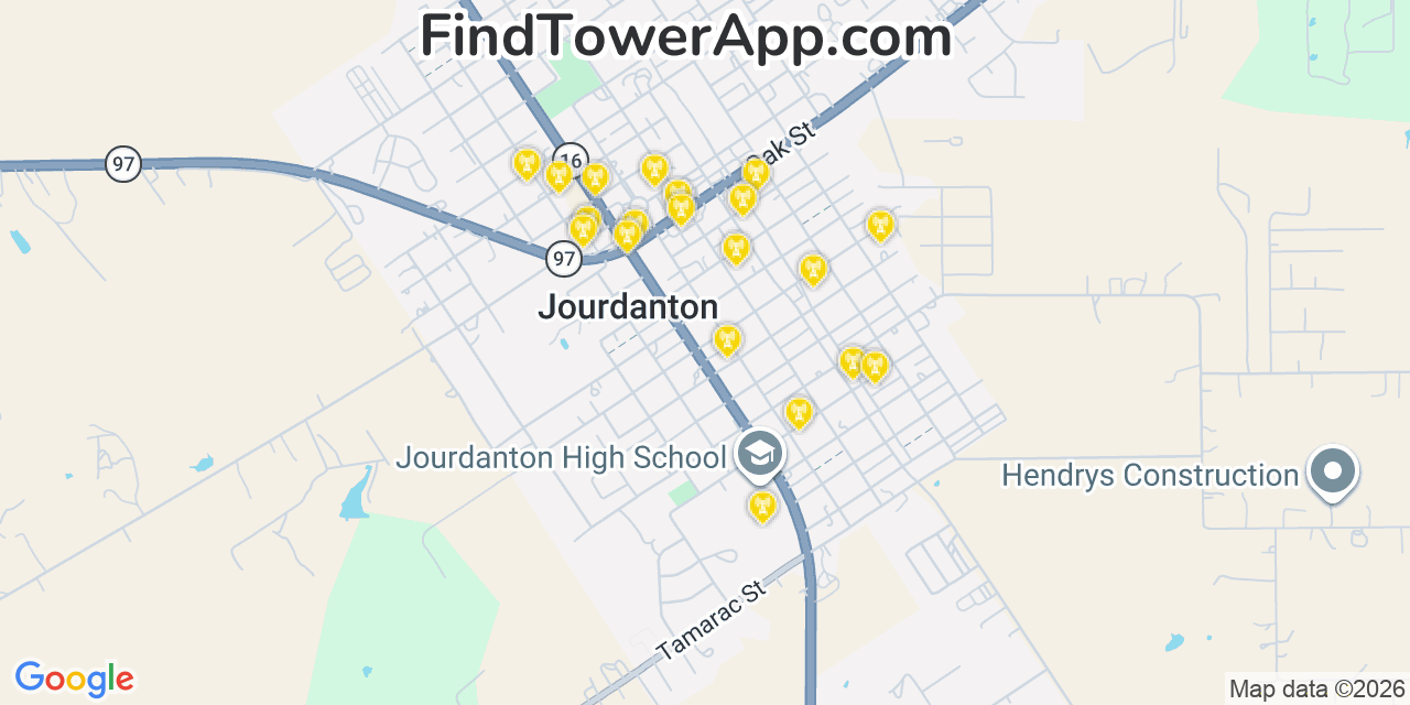 Map showing the 20 primary cell tower locations detected in Jourdanton, Texas from AT&T, Verizon, and T-Mobile networks