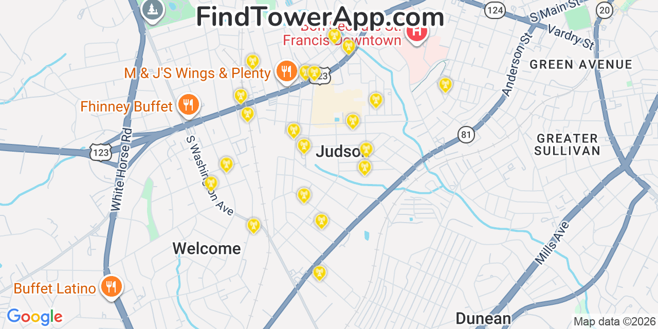 Map showing the 20 primary cell tower locations detected in Judson, South Carolina from AT&T, Verizon, and T-Mobile networks