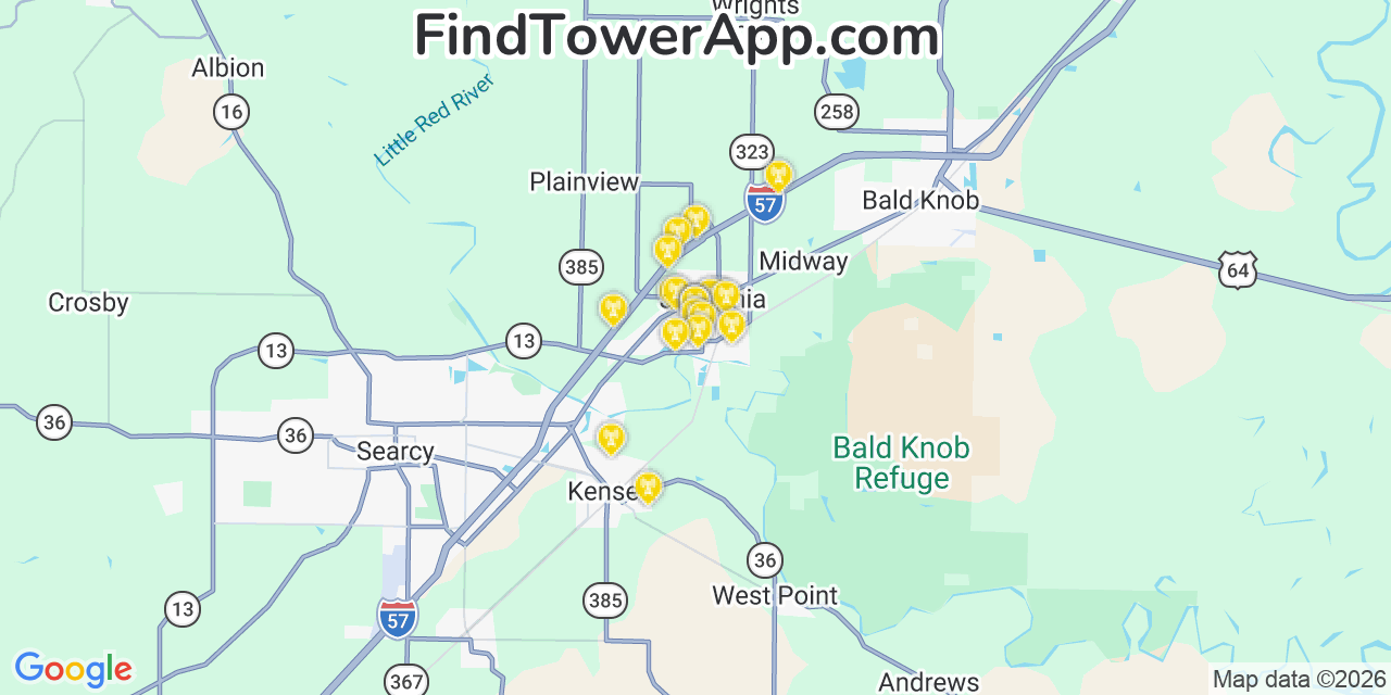 Map showing the 20 primary cell tower locations detected in Judsonia, Arkansas from AT&T, Verizon, and T-Mobile networks